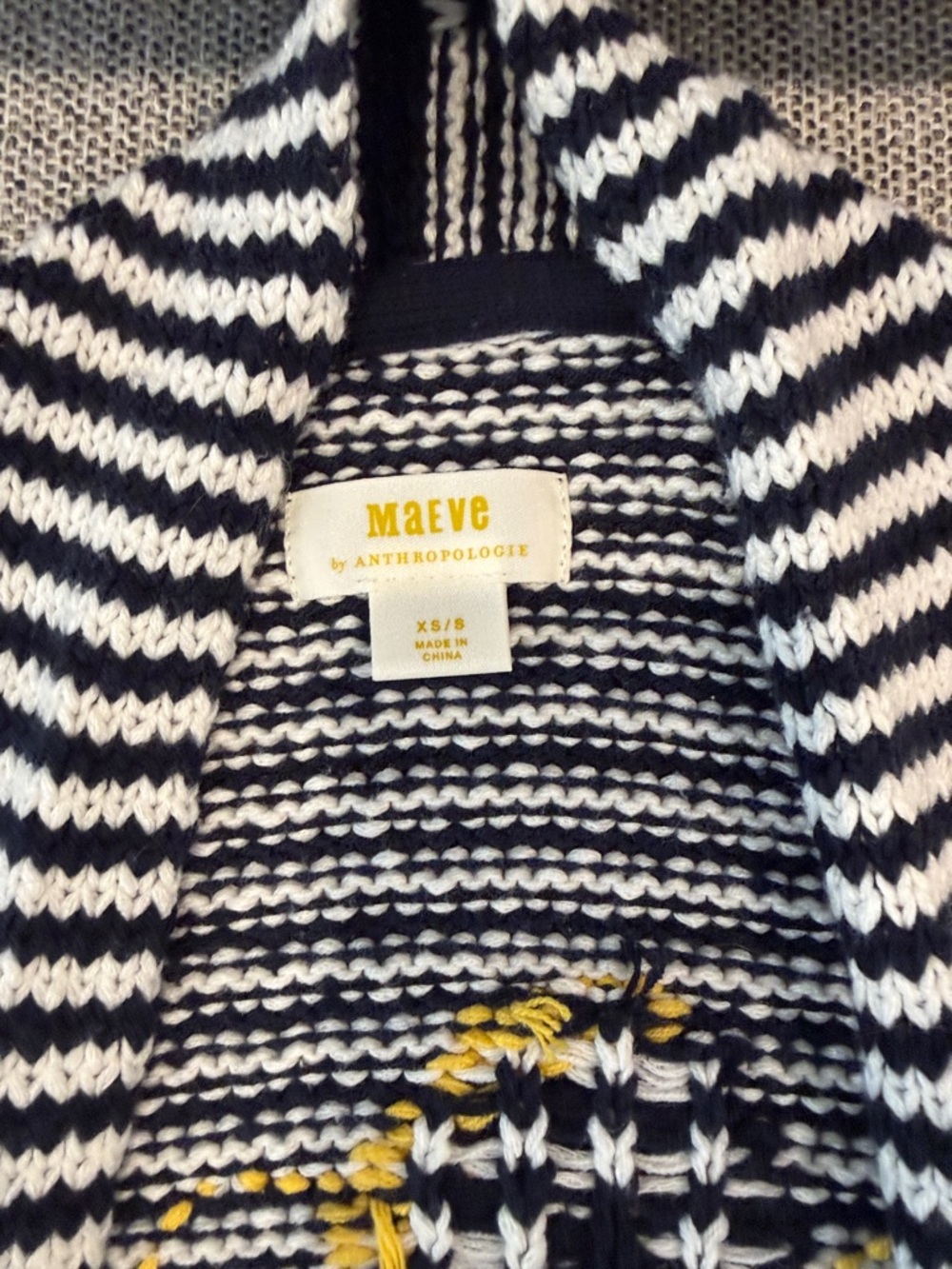 Maeve Navy  and White Striped Knit Cardigan with Yellow Accent